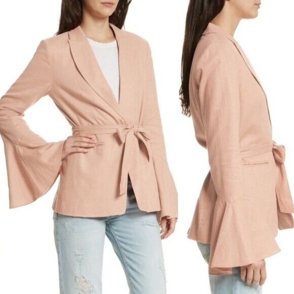 Free People Jackets & Blazers - Free People Blazer Linen Blush Pink Flared Sleeve Tie Waist